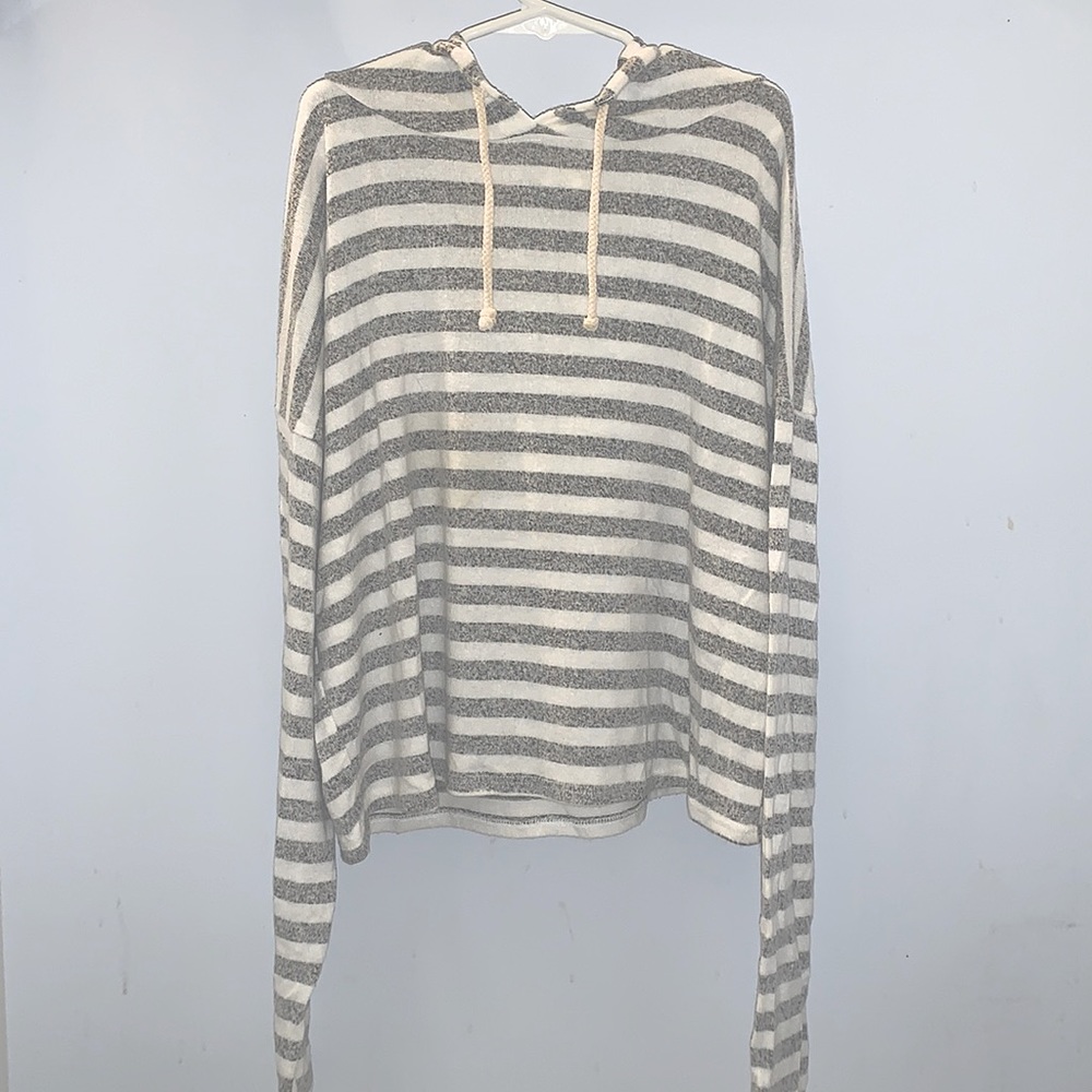 White/grey striped hoodie-women’s small               ~Brand:Caution to The Wind